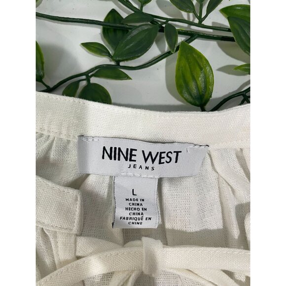 Nine West White Linen Blend Peasant Blouse With Elastic Cuffs & Tie Neck Size L - Picture 6 of 13